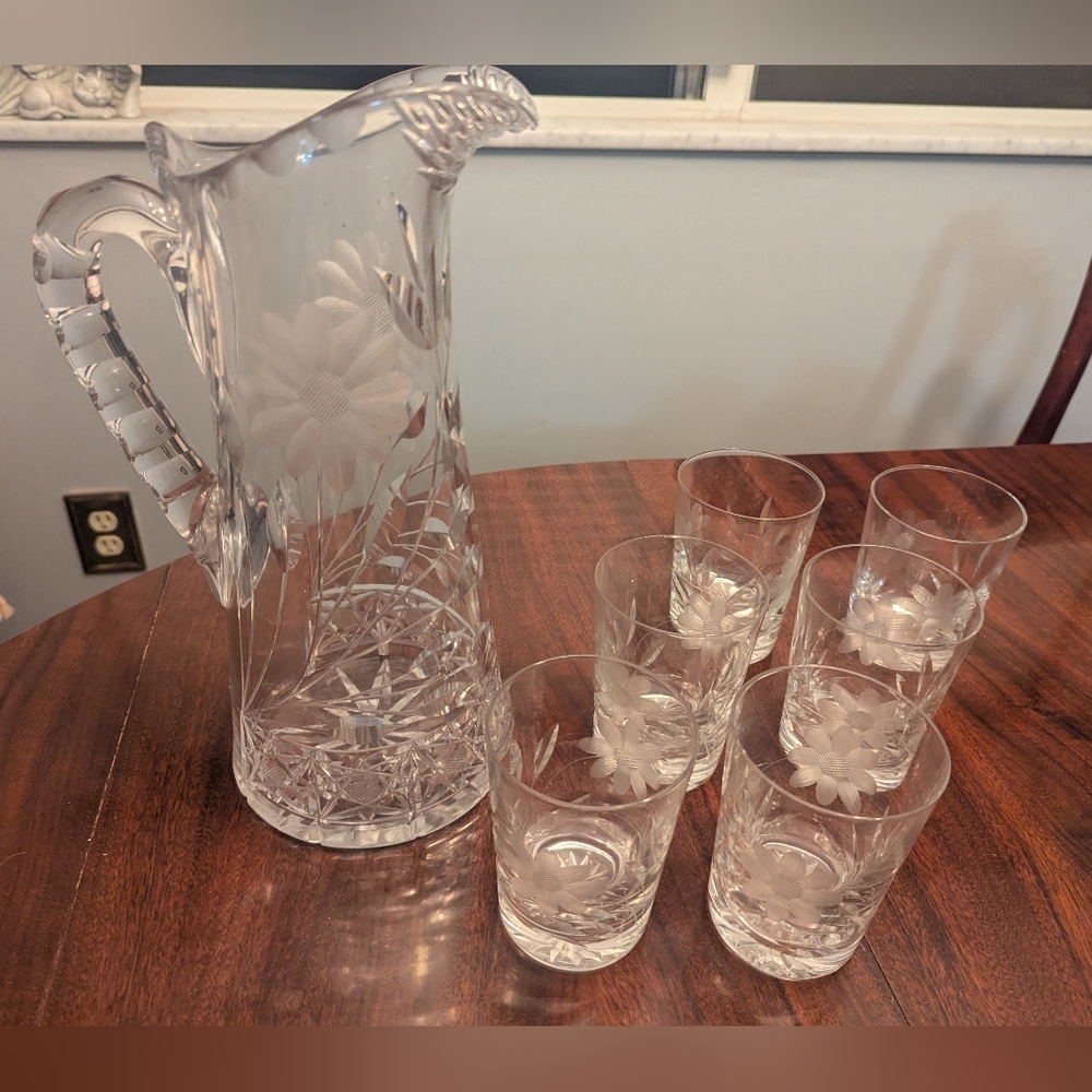 Antique 7 Pc American Brilliant Cut Crystal Pitcher & 6 Glass Set